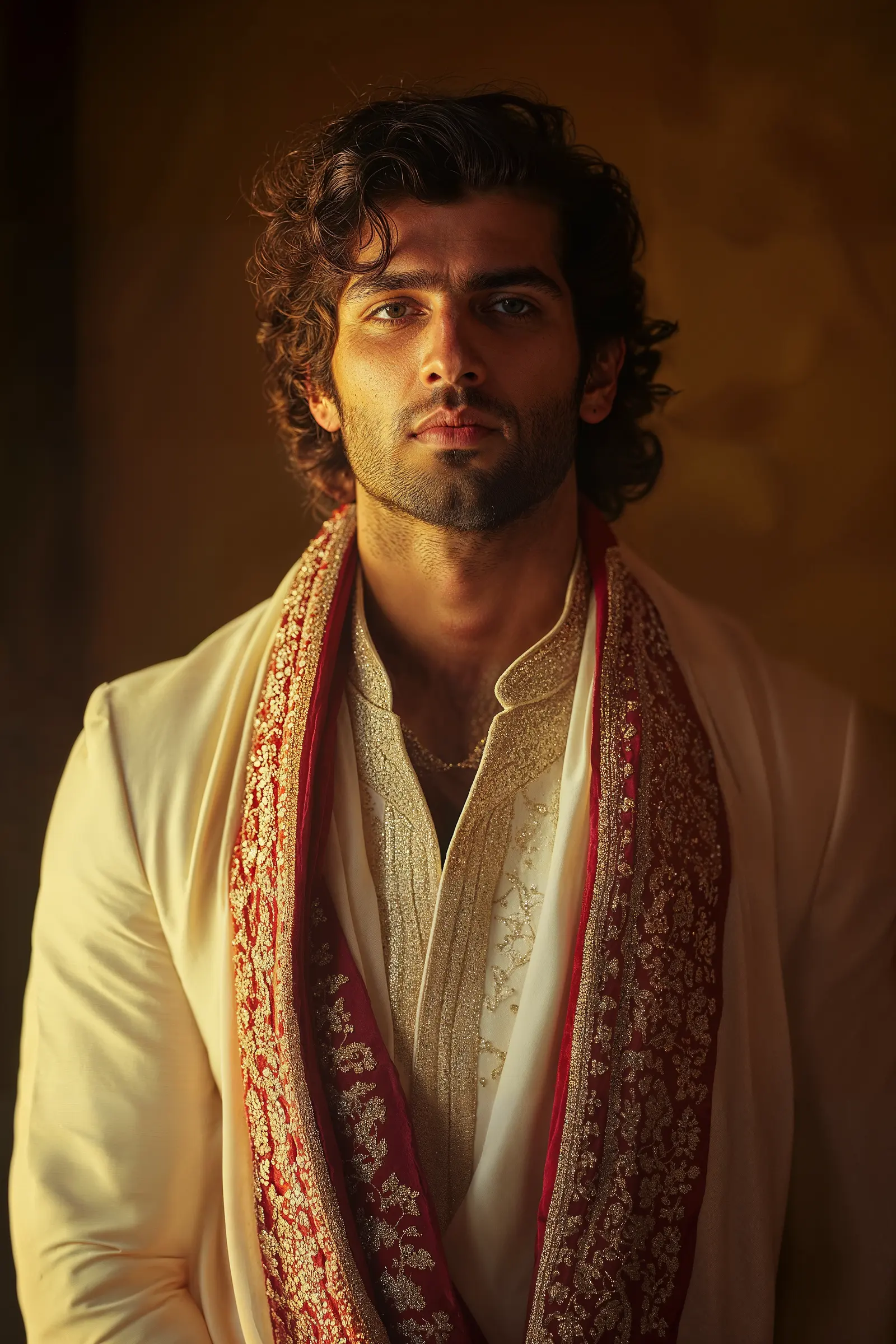 Groom in cream sherwani and red dupatta in soft window light - Vijay Studio