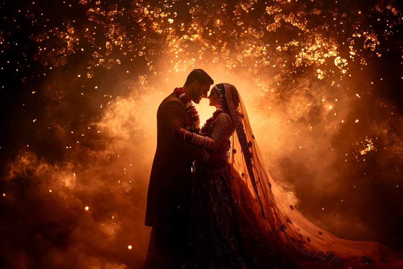 Couple silhouetted against glowing sparklers and warm light